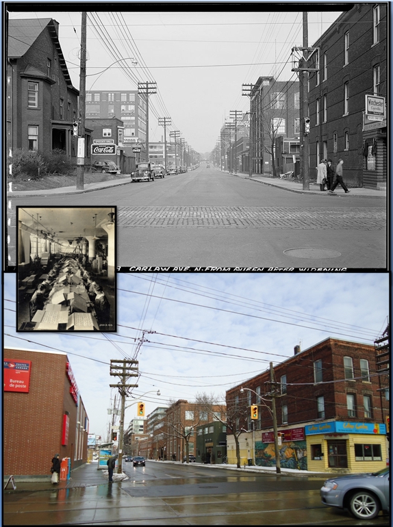 Carlaw look north on Queen Then and Now. Women packing soap into crates at Colgate-Palmolive.