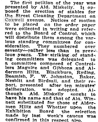 The first item of business for City Countil in 1920 was a petition from the neighourhood. They wanted the City Stables projected stopped. Globe, Jan. 13, 1920